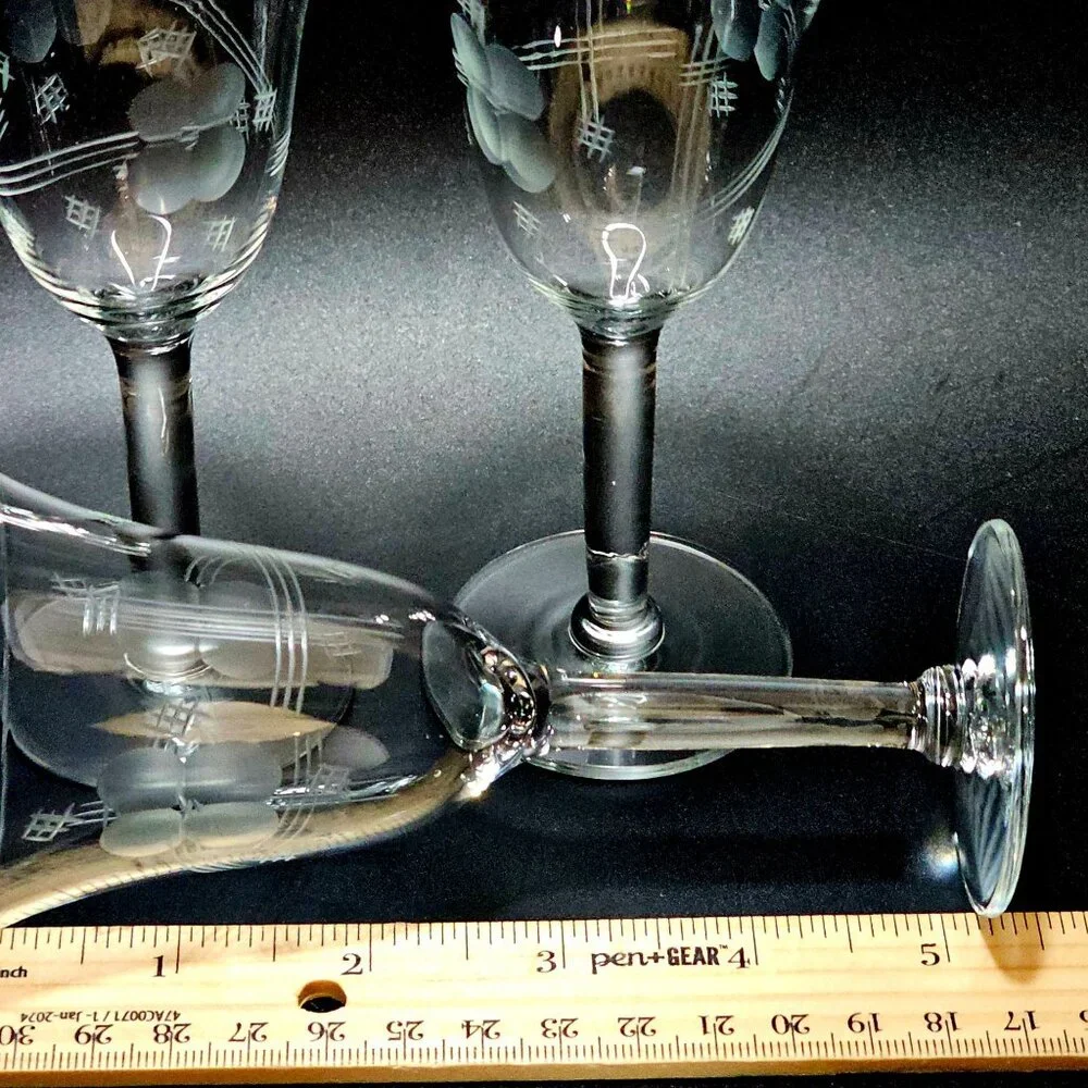 3 Art Deco Etched Crystal Cocktail Glasses 5" vtg hashtag floral drinkware 90s - Picture 4 of 5